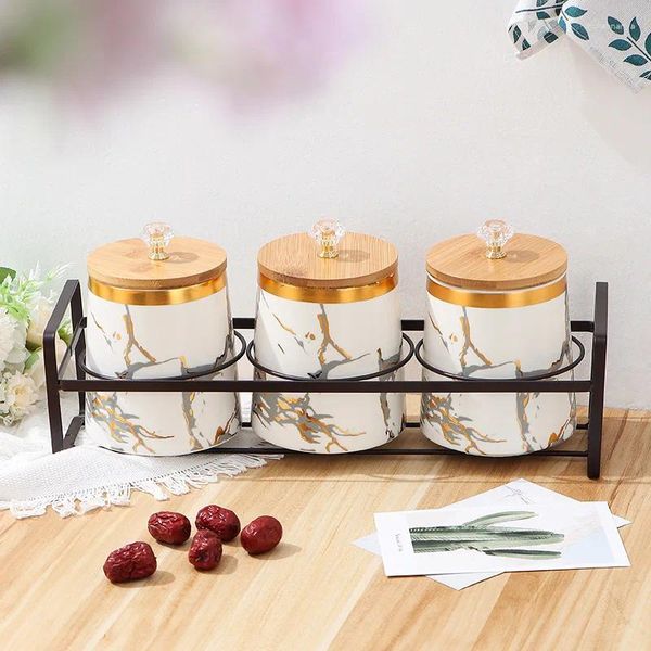 Bouteilles de rangement pots en céramique dorés avec couvercle de cuisine couvercle contenants de thé scellé racks d'épices