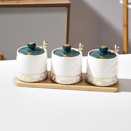 Opslagflessen gouden marmeren glas keramische kolf kruidenpot met deksel doos kruiden huishoudelijke kom suiker bamboe houten lade keukengerei