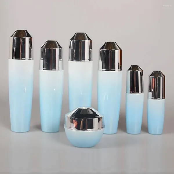 Botellas de almacenamiento Gradiente Azul 30 ml Botella de loción 1 oz Bomba de pulverización de niebla de vidrio con tapa de plata