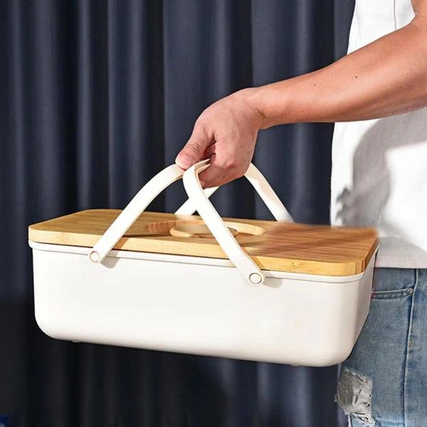 Bouteilles de stockage Boîte à pain en plastique robuste Récipient alimentaire multifonctionnel portable avec capacité de poignée de couvercle en bois pour