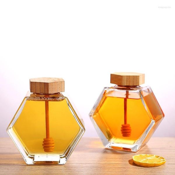 Bouteilles de stockage bouteille de miel en verre hexagonale tige d'agitation en bois emballage 220ML/380ML petit pot de récipient