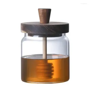 Bouteilles de rangement bouteille de miel avec bielle en bois en bois large bouche en verre à l'épreuve des fuites de fuite de stick intégrée pots de nourriture sûrs