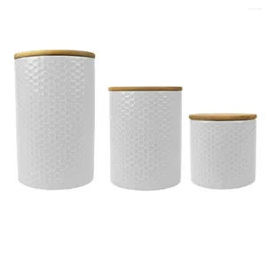 Opslagflessen honingraat 3-delige keramische pot set wit is perfect voor het opbergen van gemakkelijk geopende bamboe tops en siliconenafdichtingen
