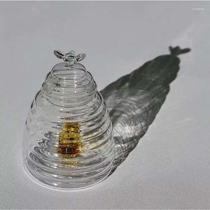 Bouteilles de rangement en nid d'abeille en verre d'abeille, Pot à miel Borosilicate, ustensiles de cuisine créatifs avec cuillère à remuer, Pot de rangement