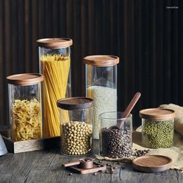 Bouteilles de rangement pot en verre ménage avec couvercle en bois grise de cuisine scellée grain grain de café empilable
