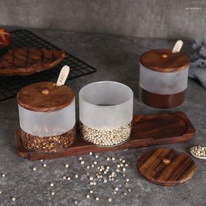 Bouteilles de rangement style japonais transparent en verre de sucre en bois de couvercle en bois cuillère de cuillère ménage assaisonnant la cuisine de cuisine