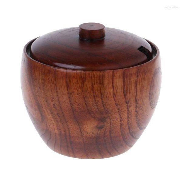Le stockage met en bouteille le pot en bois de sel de pot d'assaisonnement en bois de style japonais avec le couvercle pour la cuisine