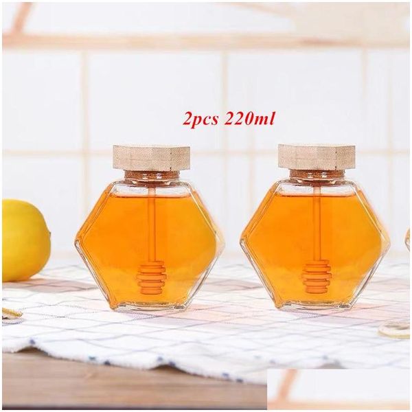 Bouteilles de stockage Bocaux 220 ml / 380 ml verre transparent hexagone pot de miel mini petite bouteille scellée avec cuillère en bois outil de cuisine Dh4Ck