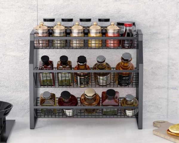 Frascos de botellas de almacenamiento, estante de especias de 3 niveles, soporte para estante de encimera de cocina y baño, estantes colgantes para condimentos 8843466