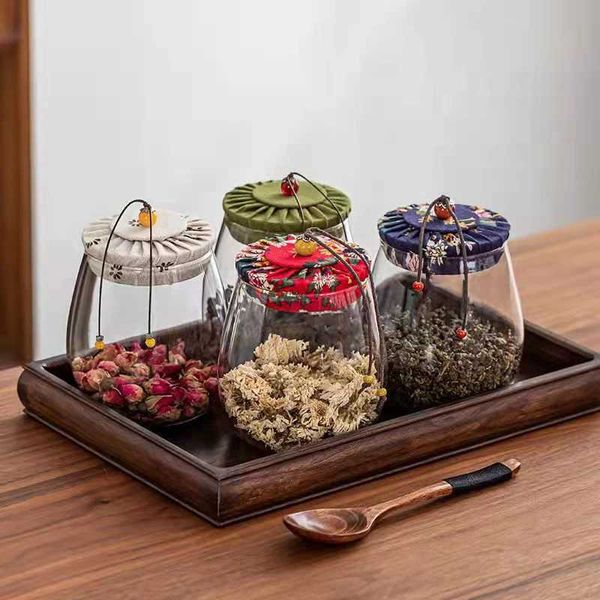 Bouteilles de rangement Jars 350 ml Tissu en bois Coud Verre Thé en verre CADDY Cuisine de haute qualité Rangement Airt Logue Café Rice Candy Candy Divers Styles H240425