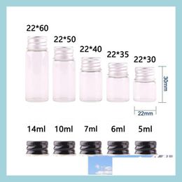Botellas de almacenamiento Frascos 50Pcs 5Ml 6Ml 7Ml 10Ml 14Ml Botella de vidrio transparente con tapa de aluminio 1 / 3Oz Viales pequeños para uso de aceite esencial Drop Dhcpv