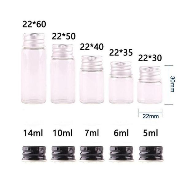 Bouteilles de stockage Pots 50pcs 5ml 6ml 7ml 10ml 14ml Bouteille en verre transparent avec capuchon en aluminium 1/3oz Petits flacons pour utilisation d'huile essentielle 458 Dhkrx