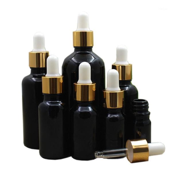 Frascos de botellas de almacenamiento 5 ml, 10 ml, 20 ml, 30 ml, 50 ml, 100 ml Collar de oro de tornillo de vidrio negro, viales de aceite esencial vacíos Contenedor de embalaje cosmético