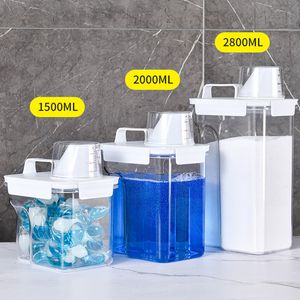 Bouteilles de stockage Bocaux Boîte de rangement hermétique pour détergent à lessive en poudre Récipient transparent pour poudre à laver avec tasse à mesurer Pot de céréales en plastique polyvalent 230217