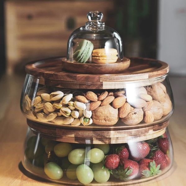 Bouteilles de rangement Jars Créative Conteneurs de nourriture en verre avec couvercle en bois Snack Snack Fruit Candy Noix Sundries Organisateur pour 231128