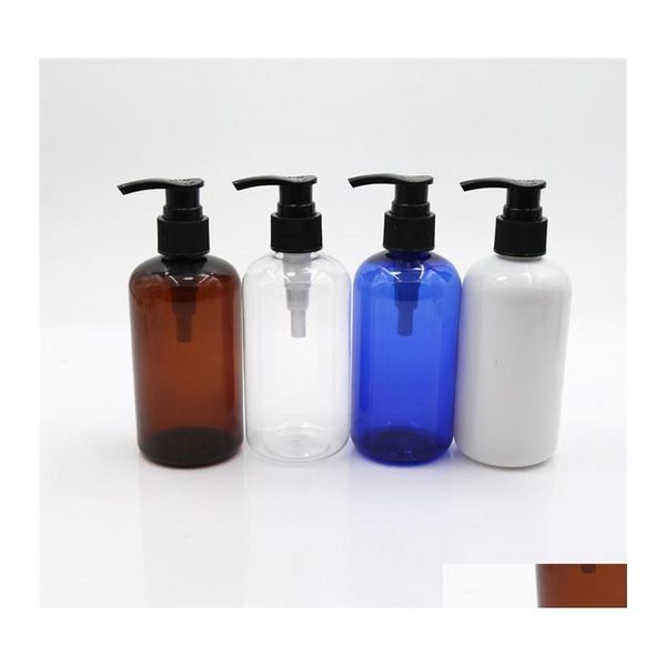 Bouteilles De Stockage Bocaux Cheveux Vides Bleu Blanc Clair 150Pcs 250Ml Ambre Bouteille De Shampooing En Plastique Pour Animaux De Compagnie Avec Pompe Et Bouchon En Aluminium Drop Del Ot8A0