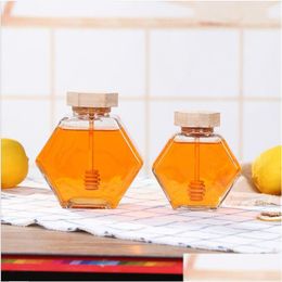 Bouteilles de stockage Bocaux Pot de miel en verre pour 220 ml / 380 ml Mini pot de conteneur de petite bouteille avec cuillère en bois1 968 R2 Drop Delivery Dh6Rc