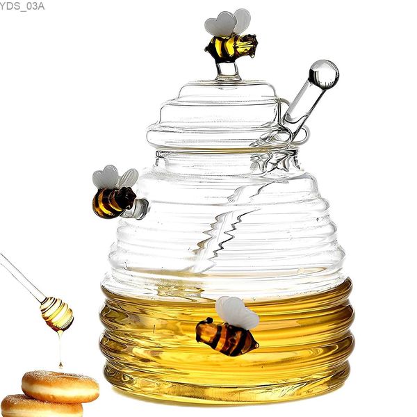 Bouteilles de stockage Bocaux Réservoir en verre en nid d'abeille Pot de miel Distributeur de miel en verre transparent avec bâton et couvercle Bouteille de miel pour la cuisine Café Bar Cuisson 240327