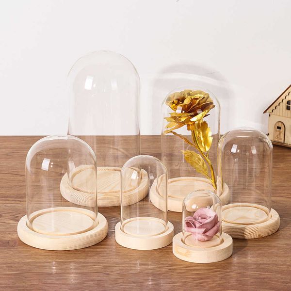 Bouteilles De Stockage Bocaux Vases En Verre Affichage De Fleurs Cloche Cloche Bouteille De Terrarium Avec Base En Bois Cache-poussière Boîte De Rangement Immortelle Maison Décor De Table J230301