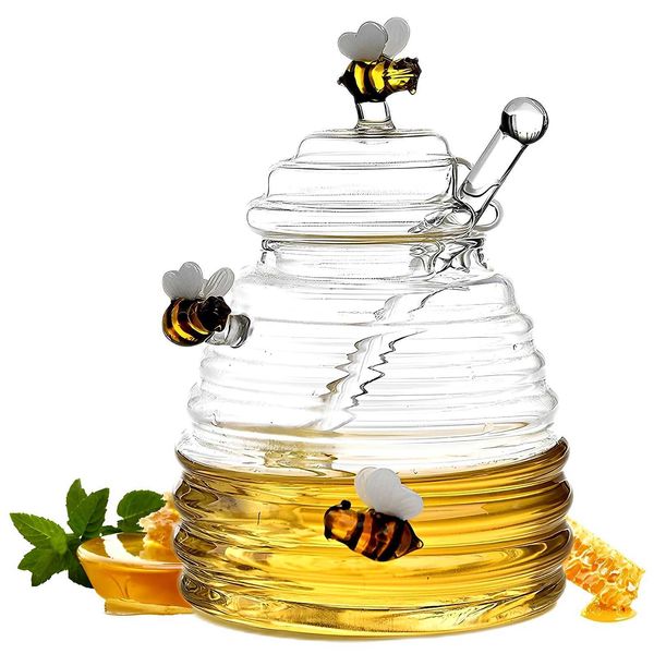 Bouteilles de rangement Jars Pot de miel avec tige de compte-gouttes et couvercle en verre transparent Dispensateur de miel à la maison Grande bouteille Conteneur de décoration de bouteille H240425