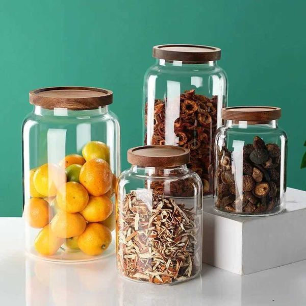 Bouteilles de rangement Poctes de grande capacité en verre scellé pour stocker les grains et le thé avec le couvercle en bois Acacia H240425