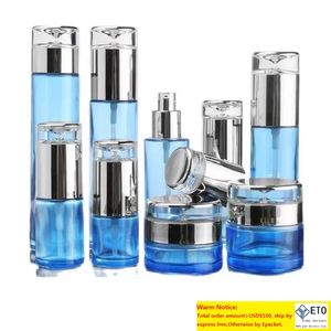 Opslagflessen Potten Perfume Mist Spray Blue Glass Cream Jar Silver Drop Cap Oil Serum Revuleerbare emulsielotionpomp Bot