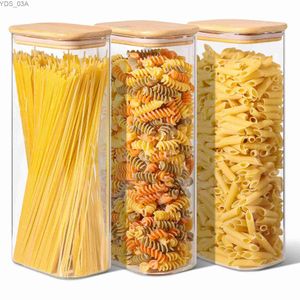 Opslagflessen Potten Rechthoekige, doorzichtige voorraadpotten met bamboe deksels voor suiker Koffie Pantry Organizer Container voor Pasta Thee Snoep Noten 240327