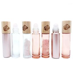 Opslag Flessen Potten Rozenkwarts Roller Fles Roze Glas Essentiële Olie Natuurlijke Bamboe Deksel Patroon Kristal Edelsteen 10pcs213b