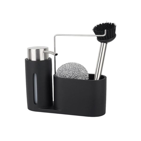 Bouteilles de rangement, pots distributeur de savon, ensemble d'outils de cuisine, support brosse à Base noire, organisateur d'évier Durable en acier inoxydable