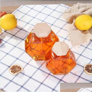 Bouteilles de stockage Pots Bouteilles de stockage Pots Pot de miel en verre pour 220 ml / 380 ml Mini petit pot de récipient de bouteille avec cuillère en bois 1 9 Dhykg