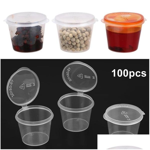 Botellas de almacenamiento Frascos Venta al por mayor 100 unids Desechable Salsa de plástico transparente Pot 30ml Chutney Tazas Caja de contenedor de limo con tapas Cocina O Dhrqu