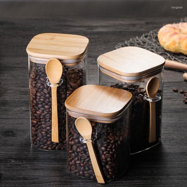 Bouteilles de stockage boîte de cuisine de taille 800-1200 ml utilisant un pot de grains de café en verre transparent scellé avec une cuillère et un couvercle en bambou