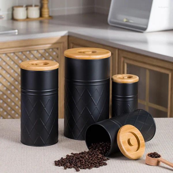 Bouteilles de rangement des cartouches de cuisine Ensemble avec bambou couvercle étanche à contenant en métal de céréales pots de nourriture pour le café à thé