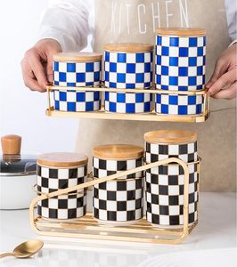 Opslagflessen keuken container dambord verzegeld jar keramiek met deksel snoep koffie bonen thee doos metalen rek