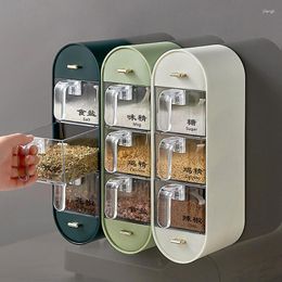 Botellas de almacenamiento Caja de condimentos de cocina Estante de especias montado en la pared Recipiente de tarro de sal de azúcar sin perforaciones con cucharas