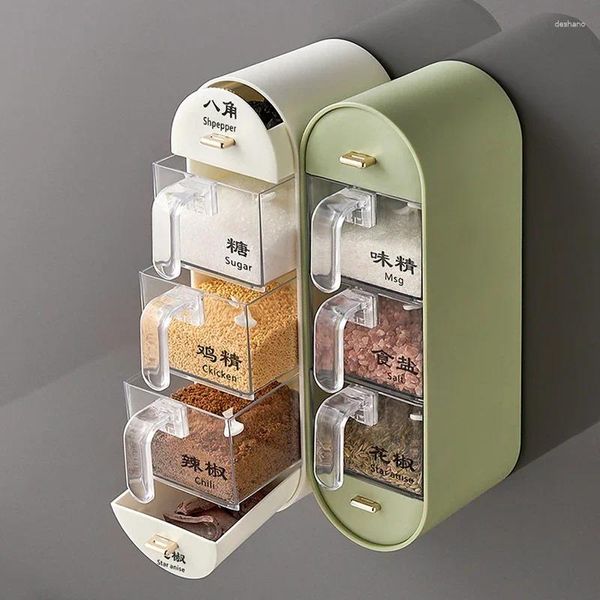 Botellas de almacenamiento Herramientas de cocina Caja de contenedores de condimentos Estante de especias montado en la pared Sin perforaciones Azúcar Sal Pimienta