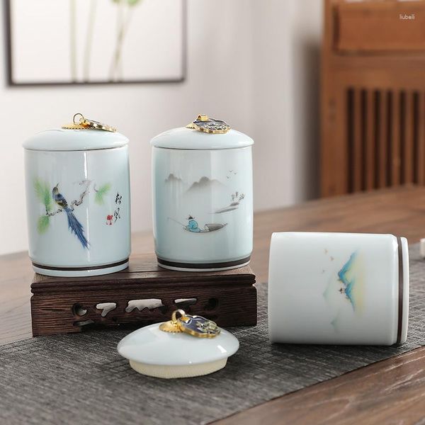 Bouteilles de stockage paysage fleurs et oiseaux pot en céramique Portable bonbons ménage céladon noix cylindriques bouteille de grain de café