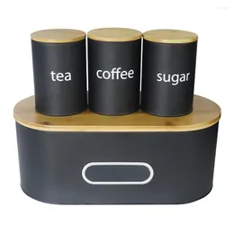 Botellas de almacenamiento Caja de pan grande con cubierta de bambú cubierta de metal y 3pcs de café redondo jarro de té de té de cocina conjunto de contenedores de alimentos