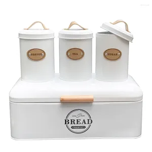 Bouteilles de rangement grande boîte à pain avec pot de café à thé en sucre ensemble pour la cuisine de comptoir des contenants alimentaires collation en métal blanc