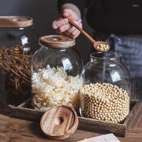 Bouteilles de stockage grand pot grains de café couverture en bois d'acacia domestique divers Grain scellé verre à vin à bulles