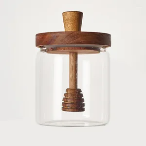 Botellas de almacenamiento Luz de lujo Acacia Tapa de madera Tarro de vidrio Miel redonda con palo sellado transparente