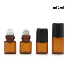 Botellas de almacenamiento MAQUILLO DE MAQUILLO AMBER Bola de aceite esencial Perfume 1 ml 2 ml Rollo de muestra en vidrio para viajar 100pcs/lote