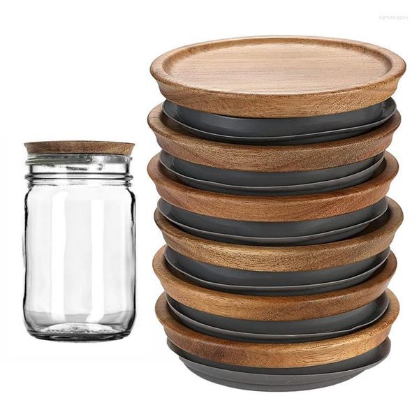 Bouteilles de stockage Mason Jar couvercles large bouche 6 Pack avec bague d'étanchéité en silicone matériau de qualité alimentaire en bois