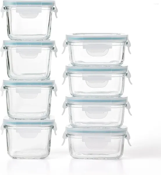 Bouteilles de stockage Mini réutilisables 5 onces rectangulaires 7 carrés en verre trempé ensemble de récipients alimentaires pour réfrigérateur et congélateur 8 pièces