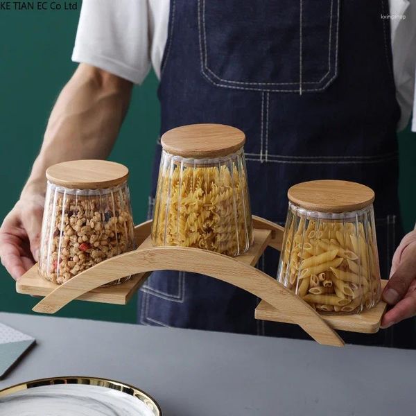 Bouteilles de stockage Pot d'assaisonnement en verre moderne avec étagère en bois de bambou, boîte à sel et à poivre scellée à la maison, collation résistante à l'humidité