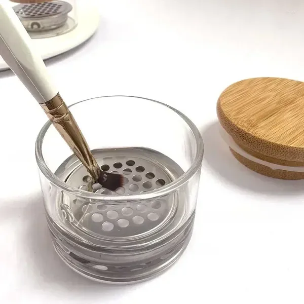 Bouteilles de rangement pour stylo de lavage des ongles, technologie de tasse, verre cristal, filtre à mailles en acier inoxydable, outil de brosse de thérapie à paillettes