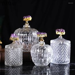 Opslagflessen Natuurlijke kristallen decoratieve glazen potten met deksel Eenvoudige snoeppot Theebladtank Graandispenser Salontafeldecoraties