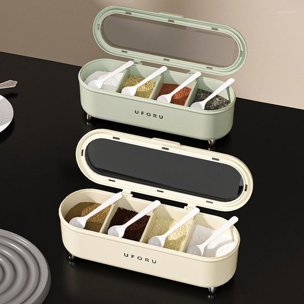 Botellas de almacenamiento Nordic Modern Kitchen Seasoning Box Set de cuatro compartimentos con cuchara Spice Salt Pepper Jar
