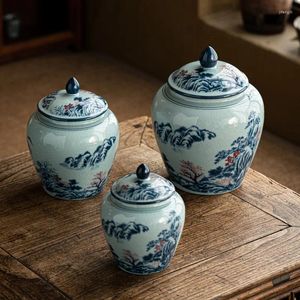 Bouteilles de stockage pot en céramique de paysage rétro nordique avec couvercle, pots de thé scellés résistants à l'humidité, pots décoratifs de bureau, cadeau, accessoires pour la maison