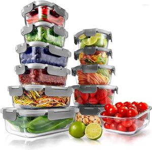 Botellas de almacenamiento NutricHef de 24 piezas Conjunto de contenedores de alimentos de vidrio superior-Tapa de bloqueo sin BPA de diseño apilable (gris)